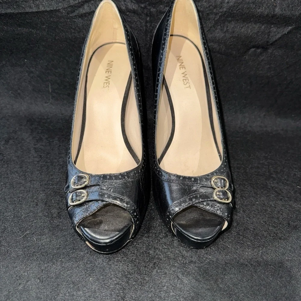 Nine West Black Leather Hidden Platform Stiletto Peeptoe Pump Shoes Heels Size 7